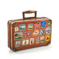 Vintage suitcase adorned with travel stickers representing global destinations and iconic landmarks photo