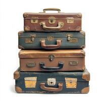 Vintage travel suitcases stacked in a neat arrangement showcasing retro design and worn textures from previous journeys photo