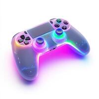 Colorful gaming controller with vibrant lighting effects resting on a white surface photo