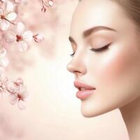 Beautiful profile of a woman with flawless skin surrounded by delicate cherry blossoms in a soft pink environment photo