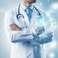 Doctor in white coat with stethoscope illustrates digital health technology concept with glowing connections photo