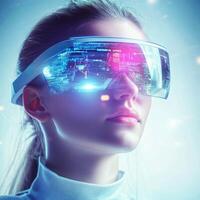 Woman wearing futuristic augmented reality glasses in a high-tech environment with digital visuals photo