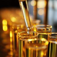 Laboratory technician using pipette to transfer golden liquid into test tubes during experiment photo