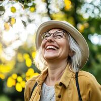 Joyful woman enjoying nature in a park during sunny autumn afternoon surrounded by colorful leaves photo
