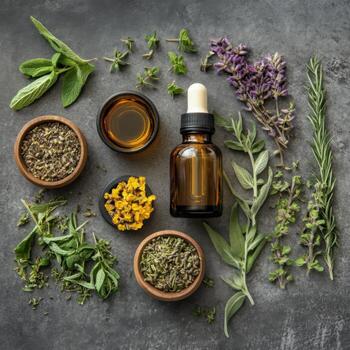Collection of fresh herbs and essential oils arranged on a stone surface for natural remedies and aromatherapy photo