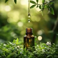 Essential oil dropper releasing oil surrounded by lush greenery in a natural setting at daytime photo