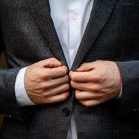 Man adjusting gray blazer buttons outdoors in a casual setting during daylight photo