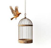 Bird escaping from an antique cage, symbolizing freedom and hope in a minimalist setting photo