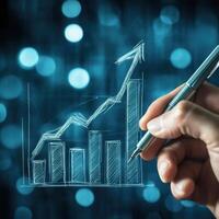 Hand drawing growth chart with upward trend on blue bokeh background during a business presentation photo