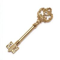 Decorative antique key with ornate design resting on a white surface photo