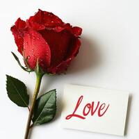 Romantic red rose with water droplets and love card on white background for special occasions and expressions of affection photo