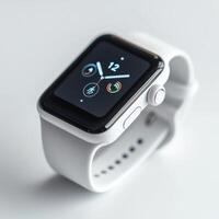 Smartwatch with modern design displaying fitness metrics and time in minimalistic setting photo