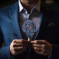 Innovative businessman showcases smart technology with glowing light bulb representing ideas and creativity photo