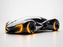 Futuristic black sports car with glowing accents displayed in a minimalist setting photo