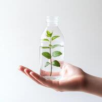 Hand holding a clear bottle with water and a green plant inside on a light background photo