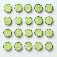Freshly cut cucumber slices arranged neatly on a white surface for a healthy snack or salad preparation photo