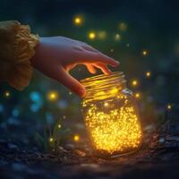 Child reaching for glowing jar filled with magical light in a serene outdoor setting during twilight hours photo