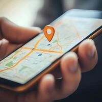 Person holding smartphone with map application displaying location pin and urban landscape photo