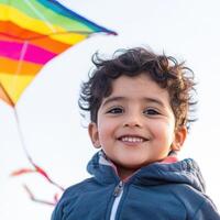 Young boy joyfully flying a colorful kite on a clear day in an outdoor setting photo