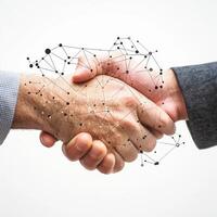 Professionals engage in handshake symbolizing partnership and collaboration with digital elements enhancing the interaction photo