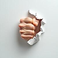 Fist breaking through white paper surface with forceful impact during creative performance photo