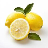Fresh lemons with cut fruit showcasing vibrant yellow color and green leaves on a white background photo