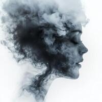 Ethereal silhouette of a woman with flowing smoke resembling hair in a dreamlike setting photo