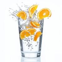 Fresh orange slices create splashes in a glass of water on a bright background photo