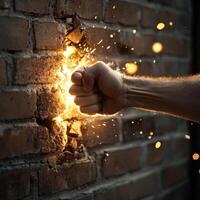 Creative expression of power displayed through a fist breaking a brick wall, emphasizing strength and determination photo