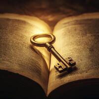 Key resting on an open book emits warm light in a dimly lit environment photo