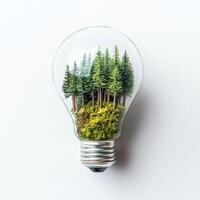 Light bulb containing a miniature forest with green trees and shrubs creating a unique concept of nature and sustainability photo
