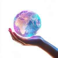 Global connectivity represented by a hand holding a glowing digital earth sphere at twilight photo