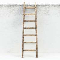 Wooden ladder leaning against a textured wall in a minimalist setting during daylight photo