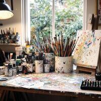 Art studio filled with paint splattered brushes and supplies near a sunny window surrounded by greenery photo