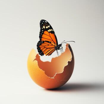 Orange butterfly emerging from a cracked eggshell in a creative and imaginative setting photo
