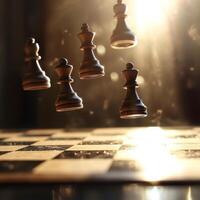 Chess pieces float above a game board with backlighting creating an ethereal atmosphere photo