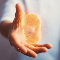 Creative representation of a fingerprint with glowing particles in a hand during a digital technology display photo