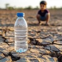 Water bottle on cracked earth with child in background highlighting drought impact on communities photo