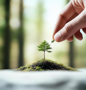 Hand nurturing a small tree on a mossy surface in a lush forest setting during daylight photo