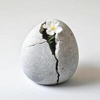 Unique stone egg with a cracked surface and a delicate white flower emerging from it in a serene setting photo