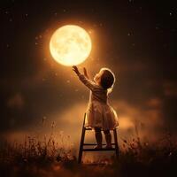 Child reaching for the moon in a serene night setting with a glowing full moon above photo
