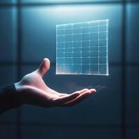 Advanced technology demonstration with holographic display in a modern setting showing hand interaction photo