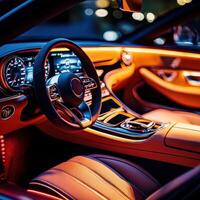 Luxurious interior of a modern car with ambient lighting showcasing elegant design and advanced technology photo