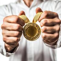 Individual proudly displays a gold medal, signifying achievement and success in a competitive event photo