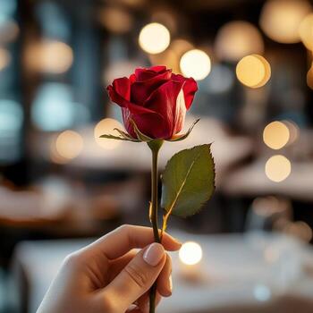 Elegant red rose held in hand with blurred lights in romantic setting photo