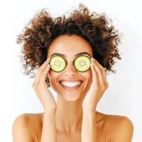 Woman enjoying a refreshing spa moment with cucumber slices over her eyes indoors photo