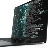 Digital matrix display on a laptop showcasing data processing and technology innovation photo