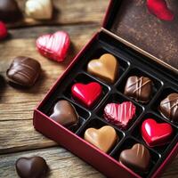 Assorted heart-shaped chocolates displayed in a decorative box on a wooden surface photo