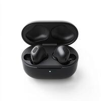 Wireless earbuds in an open charging case on a minimalist white background photo