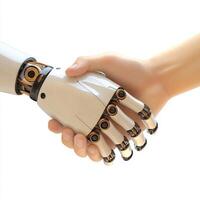 Robot and human handshake symbolizes collaboration and technological advancement in modern society photo